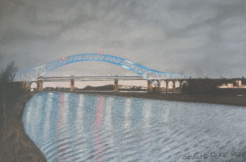 Runcorn Widnes bridge lit up after dark