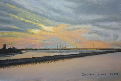 Mersey Gateway Bridge sunset with Fiddlers Ferry Power Station during its demolitiom in the background