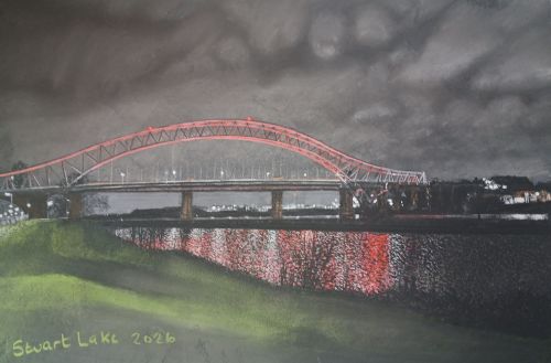 Runcorn Widnes bridge lit up after dark