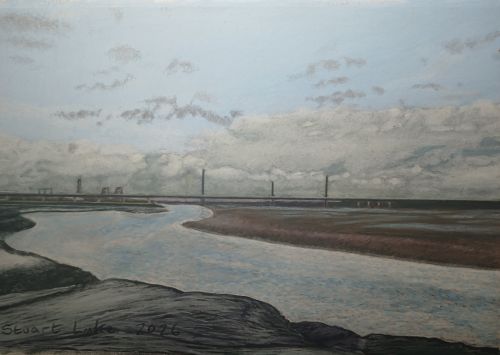 Mersey Gateway Bridge viewed across a silty River Mersey