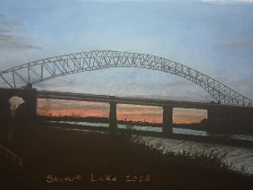 Painting of Silver Jubilee Bridge showing its awkward perspective when viewed from one side and ground level