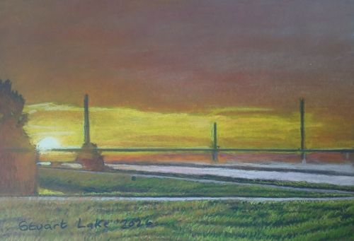 Spike Island square pond and Mersey Gateway Bridge